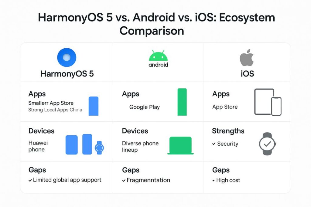 HarmonyOS 5 vs. Android vs. iOS: Ecosystem Comparison