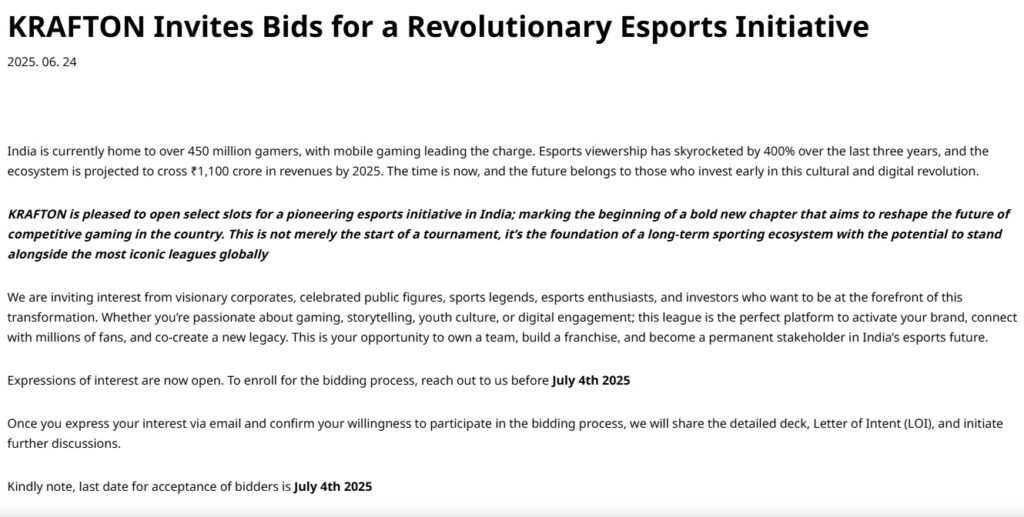 KRAFTON OFFICIAL POST ON BIDDING SYSTEM