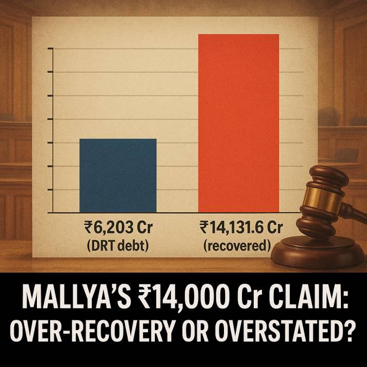 A bar chart comparing ₹6,203 Cr (DRT debt) vs. ₹14,131.6 Cr