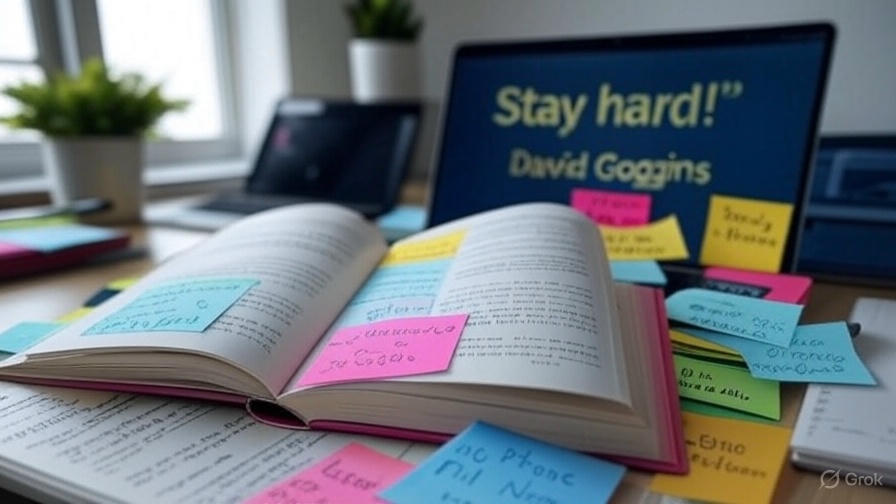 generate Image of a ratio 16:9 : A candid photo of a Gen Z student’s desk with Can’t Hurt Me open, surrounded by Post-it notes with goals like “Study 2 Hours,” “No Phone Till Noon.” A laptop in the background shows a motivational Goggins quote: “Stay hard!”