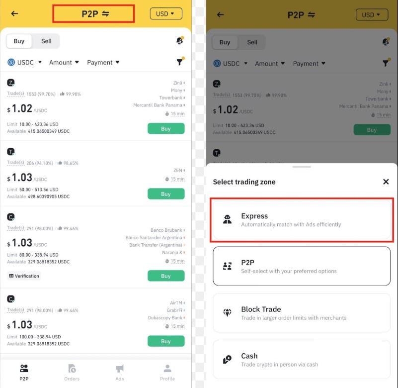 P2P trading on Binance Express